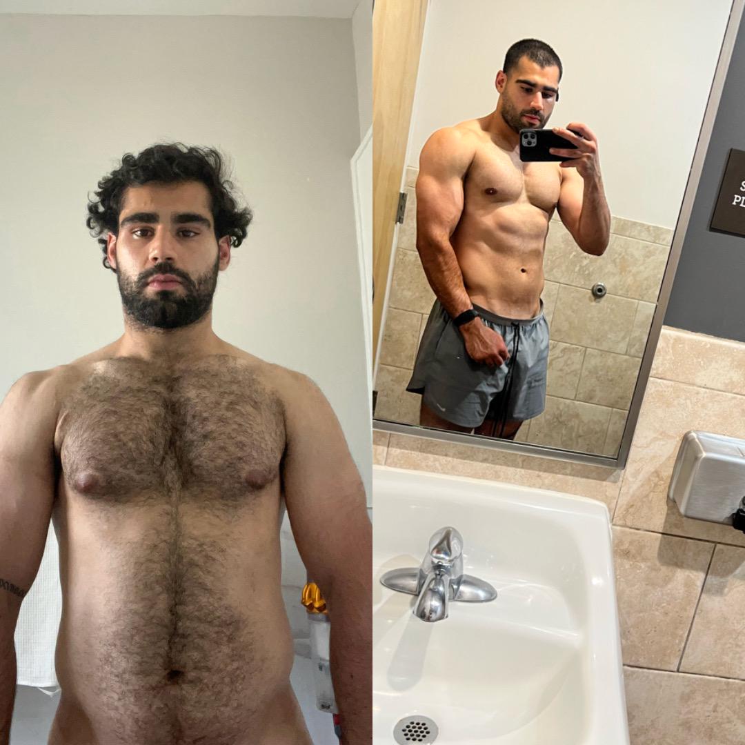 Coach Ali’s personal transformation, shown in two side-by-side photos